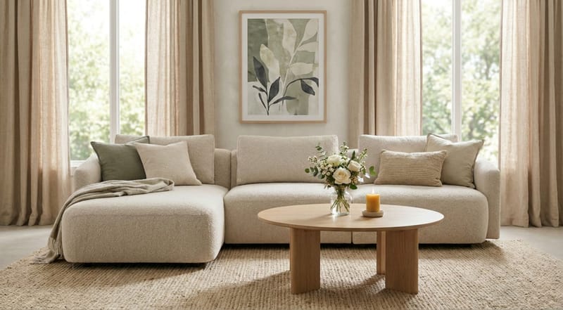 Milano avrundet 5-seters venstrevendt L-sofa med lav rygg i beige bouclé - Møbler - Sofaer - Sofa med sjeselong