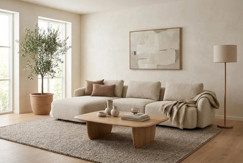 Milano avrundet 5-seters venstrevendt L-sofa med lav rygg i beige bouclé - Møbler - Sofaer - Sofa med sjeselong