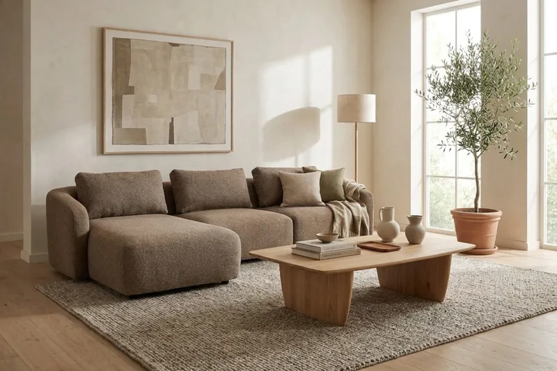 Milano avrundet 5-seters venstrevendt L-sofa med lav rygg i brun bouclé - Brun - Møbler - Sofaer - Sofa med sjeselong