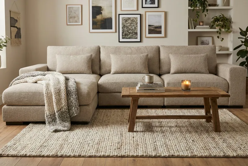 Dubai Ekstra dyp 4-seters modulsofa med divan høyre i stoff ekstra dyp - Greige - Møbler - Sofaer - Modulsofaer - Komplett modulsofa