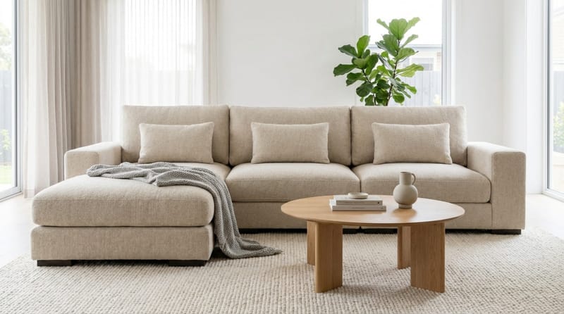 Dubai Ekstra dyp 4-seters modulsofa med divan høyre i stoff ekstra dyp - Lys beige - Møbler - Sofaer - Modulsofaer - Komplett modulsofa