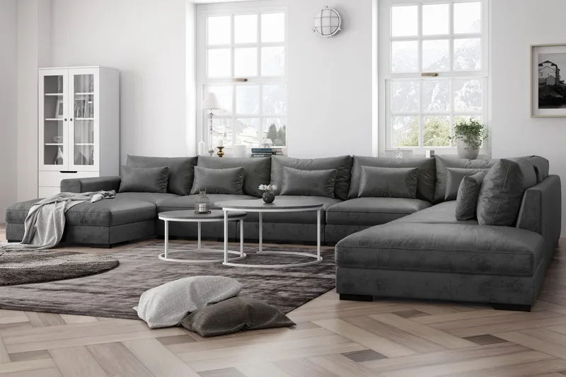 Dubai stor U-modulsofa Large med divan høyre fløyel ekstra dyp - Mørkegrå - Møbler - Sofaer - Modulsofaer - Komplett modulsofa