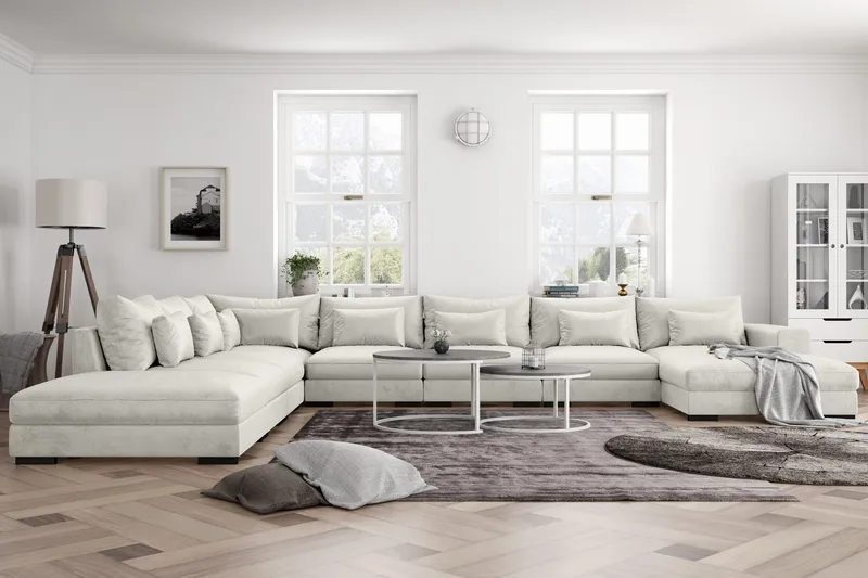 Dubai U-modulsofa Large med divan høyre fløyel ekstra dyp - Hvit - Møbler - Sofaer - Modulsofaer - Komplett modulsofa