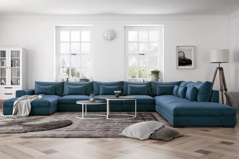 Dubai U-modulsofa Large med divan venstre fløyel ekstra dyp - Blå - Møbler - Sofaer - Modulsofaer - Komplett modulsofa