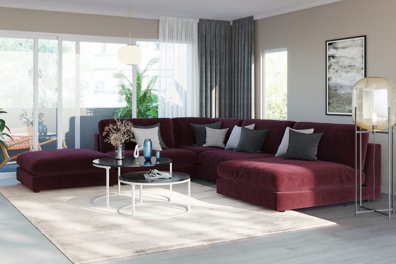 Arken 6-seters Vendbar L-formet Modulhjørnesofa med Divan + Fotskammel i Fløyel - Lilla - Møbler - Sofaer - Modulsofaer - Komplett modulsofa