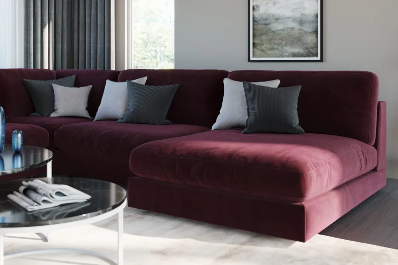 Arken 6-seters Vendbar L-formet Modulhjørnesofa med Divan + Fotskammel i Fløyel - Lilla - Møbler - Sofaer - Modulsofaer - Komplett modulsofa