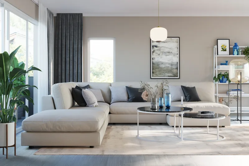 Arken 6-seters Vendbar L-formet Modulhjørnesofa med Divan + Fotskammel i Stoff, Beige