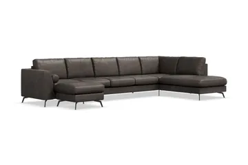 Ocean Lyx 6-seters Høyrevendt U-formet Sofa med Divan og Sjeselong + Fotskammel i Kunstlær - Mørk grå - Møbler - Sofaer - Skinnsofaer