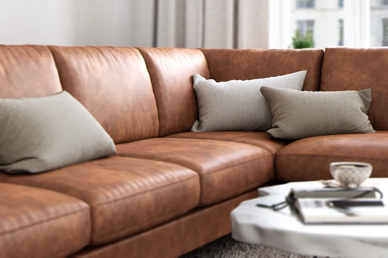 Ocean Lyx 6-seters høyrevendt U-formet sofa med divan og sjeselong + fotskammel i kunstskinn - Brun - Møbler - Sofaer - Skinnsofaer