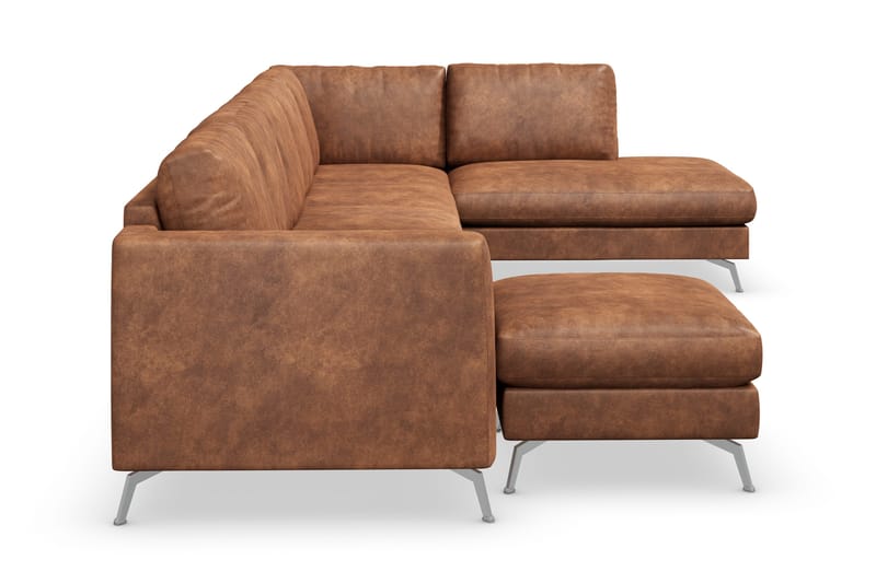 Ocean Lyx 6-seters høyrevendt U-formet sofa med divan og sjeselong + fotskammel i kunstskinn - Brun - Møbler - Sofaer - Skinnsofaer