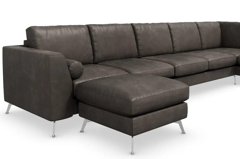 Ocean Lyx 6-seters høyrevendt U-formet sofa med divan og sjeselong + fotskammel i kunstskinn - Mørkegrå - Møbler - Sofaer - Skinnsofaer
