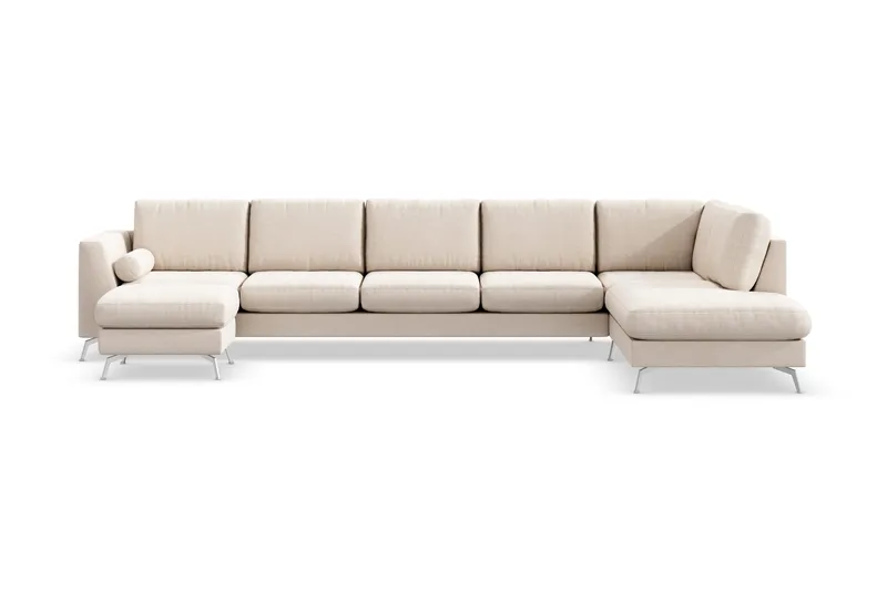 Ocean Lyx 6-seters høyrevendt U-formet sofa med divan og sjeselong + fotskammel i stoff, Beige