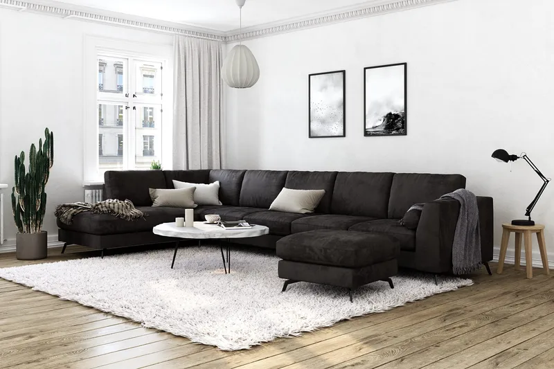 Ocean Lyx 6-seters Venstrevendt U-formet Sofa med Divan og Sjeselong + Fotskammel i Fløyel - Mørk grå - Møbler - Sofaer - U-sofa