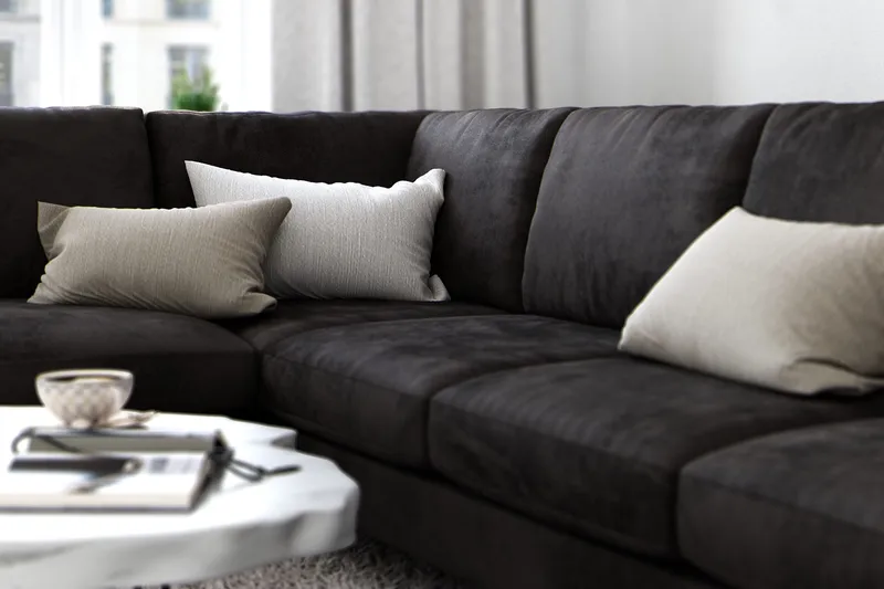 Ocean Lyx 6-seters Venstrevendt U-formet Sofa med Divan og Sjeselong + Fotskammel i Fløyel - Mørk grå - Møbler - Sofaer - U-sofa