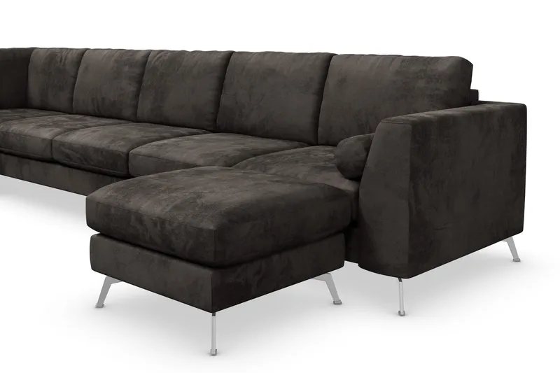 Ocean Lyx 6-seters Venstrevendt U-formet Sofa med Divan og Sjeselong + Fotskammel i Fløyel - Mørk grå - Møbler - Sofaer - U-sofa
