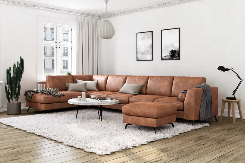 Ocean Lyx 6-seters Venstrevendt U-formet Sofa med Divan og Sjeselong + Fotskammel i Kunstlær - Brun - Møbler - Sofaer - Skinnsofaer