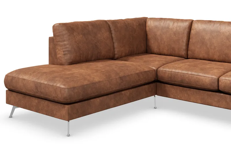 Ocean Lyx 6-seters venstrevendt U-formet sofa med divan og sjeselong + fotskammel i kunstskinn - Brun - Møbler - Sofaer - Skinnsofaer