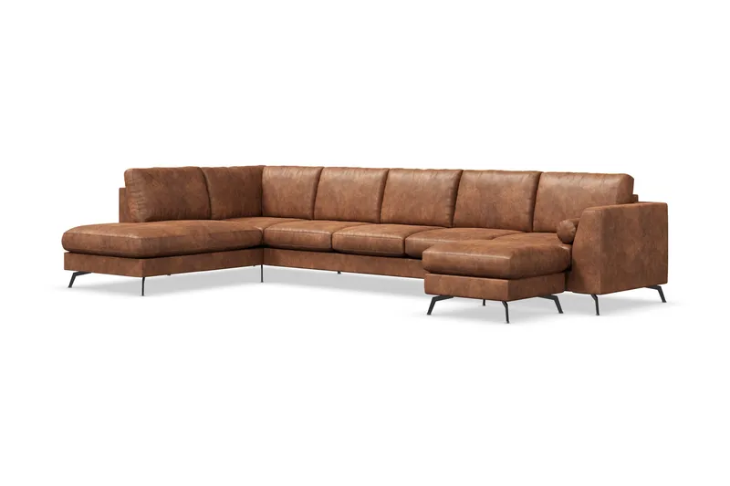 Ocean Lyx 6-seters venstrevendt U-formet sofa med divan og sjeselong + fotskammel i kunstskinn - Brun - Møbler - Sofaer - Skinnsofaer