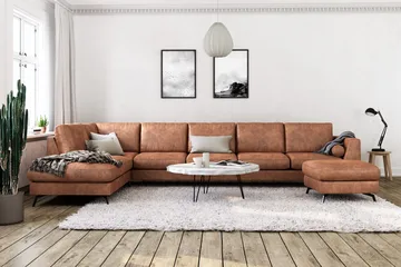 Ocean Lyx 6-seters venstrevendt U-formet sofa med divan og sjeselong + fotskammel i kunstskinn - Brun - Møbler - Sofaer - Skinnsofaer