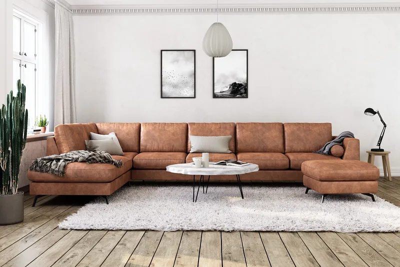 Ocean Lyx 6-seters venstrevendt U-formet sofa med divan og sjeselong + fotskammel i kunstskinn - Brun - Møbler - Sofaer - Skinnsofaer