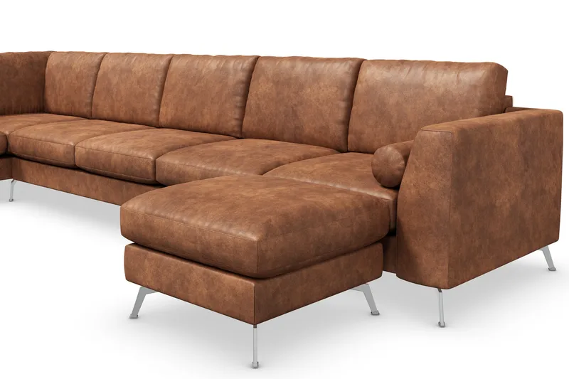 Ocean Lyx 6-seters venstrevendt U-formet sofa med divan og sjeselong + fotskammel i kunstskinn - Brun - Møbler - Sofaer - Skinnsofaer