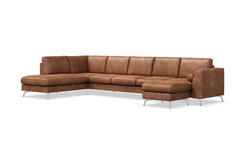 Ocean Lyx 6-seters venstrevendt U-formet sofa med divan og sjeselong + fotskammel i kunstskinn - Brun - Møbler - Sofaer - Skinnsofaer