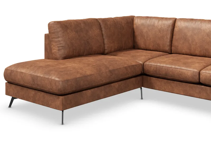 Ocean Lyx 6-seters venstrevendt U-formet sofa med divan og sjeselong + fotskammel i kunstskinn - Brun - Møbler - Sofaer - Skinnsofaer