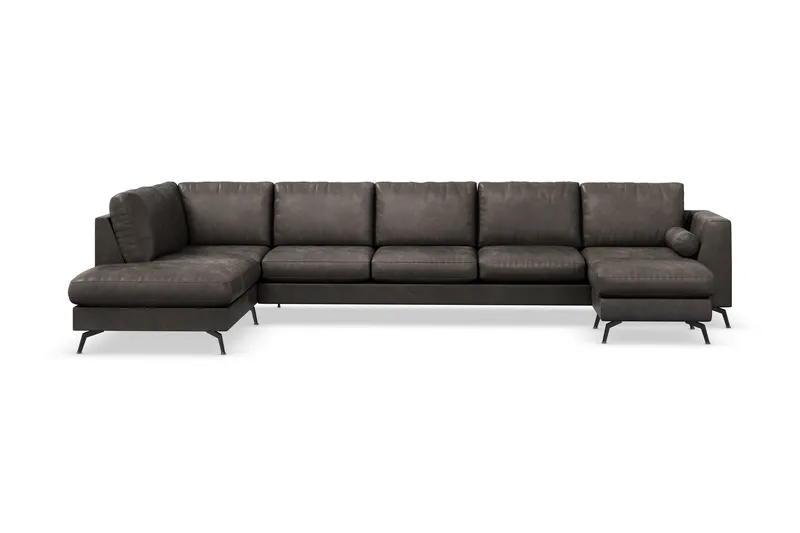 Ocean Lyx 6-seters venstrevendt U-formet sofa med divan og sjeselong + fotskammel i kunstskinn, Mørkegrå