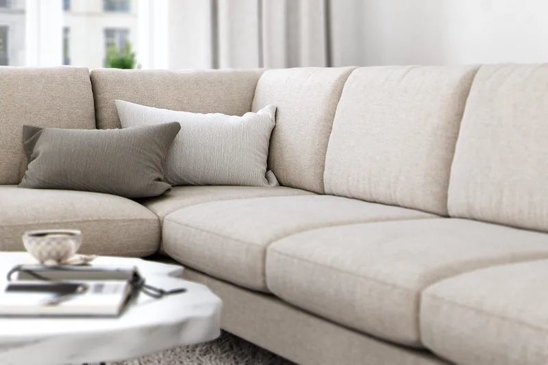 Ocean Lyx 6-seters Venstrevendt U-formet Sofa med Divan og Sjeselong + Fotskammel i Stoff - Beige - Møbler - Sofaer - U-sofa
