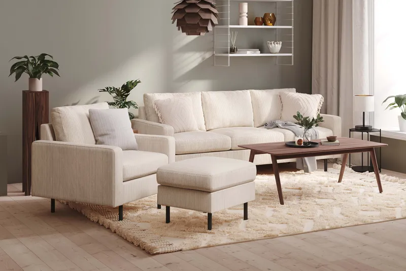 Peppe Sofagruppe 3-seters Sofa + Lenestol + Fotskammel i Manchester - Beige - Møbler - Sofaer - Sofagrupper