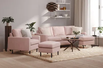 Peppe Sofagruppe 3-seters Vendbar L-formet Sjeselongsofa + Lenestol + Fotskammel i Manchester - Rosa - Møbler - Sofaer - Sofagrupper