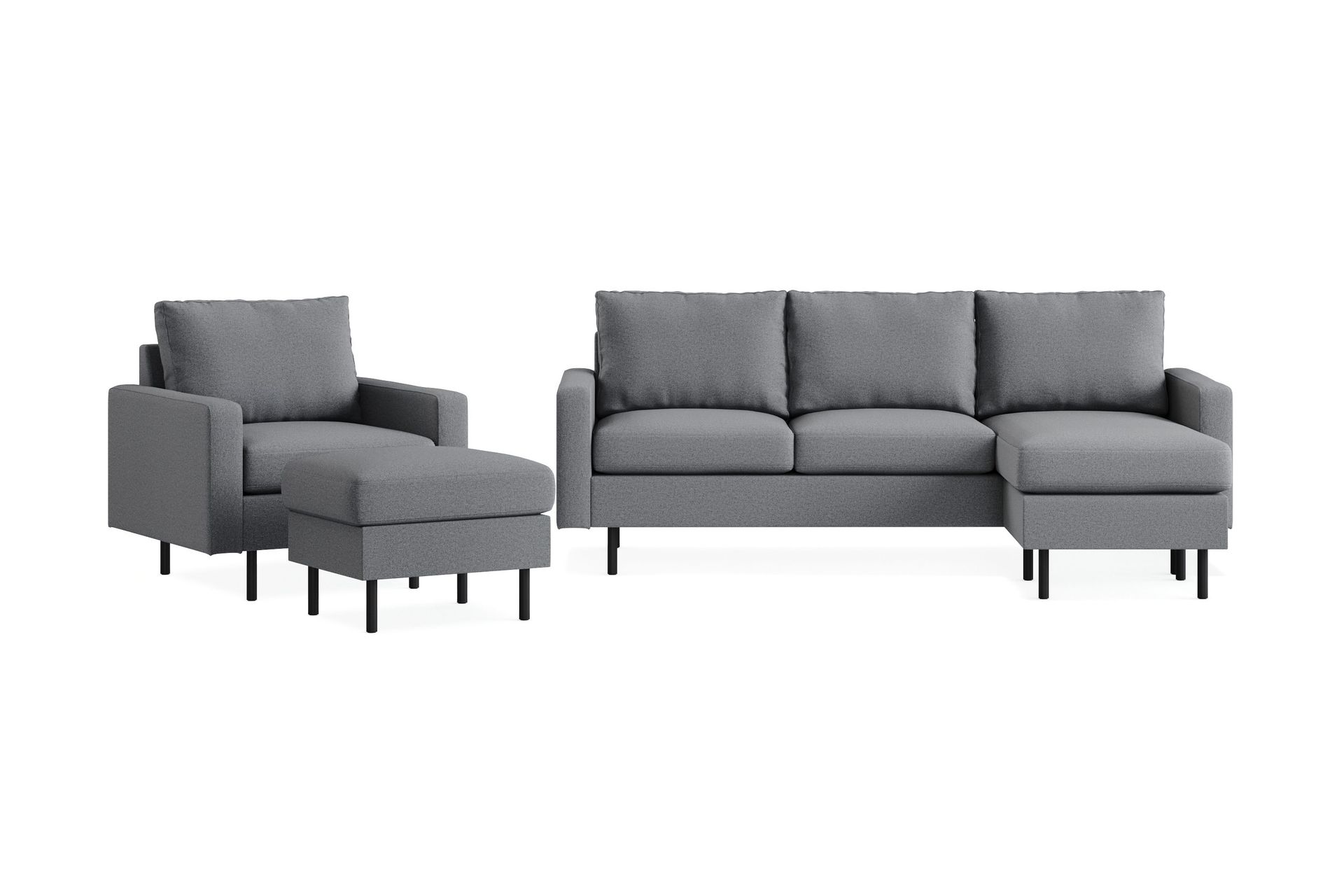 Peppe Sofagruppe 3-seters Vendbar L-formet Sjeselongsofa + Lenestol + Fotskammel i Stoff - Lys grå