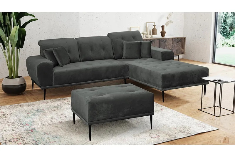 Rapale Sofagruppe Høyre med Fotskammel - Fløyel/Lysegrå/Svart - Møbler - Sofaer - Sofa med sjeselong