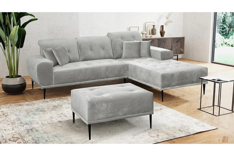 Rapale Sofagruppe Høyre med Fotskammel - Fløyel/Sølv - Møbler - Sofaer - Sofa med sjeselong