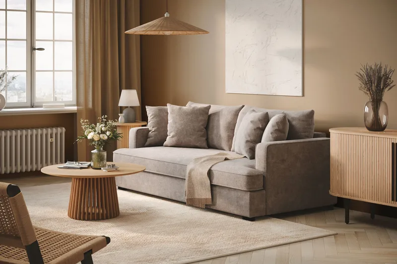 Rossita 3-seters Dyp Sofa med Hel Pute i Chenille - Grå / Brun - Møbler - Sofaer - Sofa 3 seter