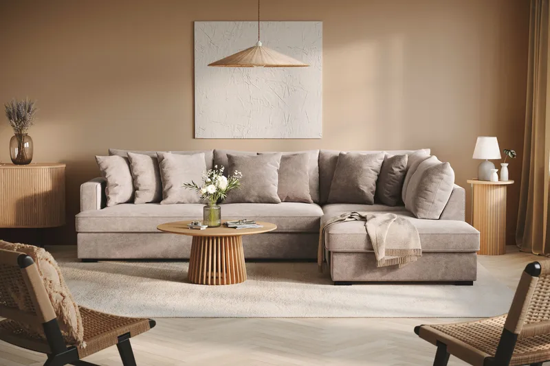 Rossita 4-seters Høyrevendt L-formet Dyp Sjeselongsofa i Chenille - Grå / Brun - Møbler - Sofaer - Sofa med sjeselong