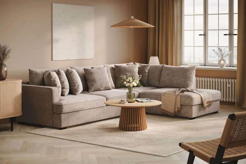 Rossita 4-seters Høyrevendt L-formet Dyp Sjeselongsofa i Chenille - Grå / Brun - Møbler - Sofaer - Sofa med sjeselong