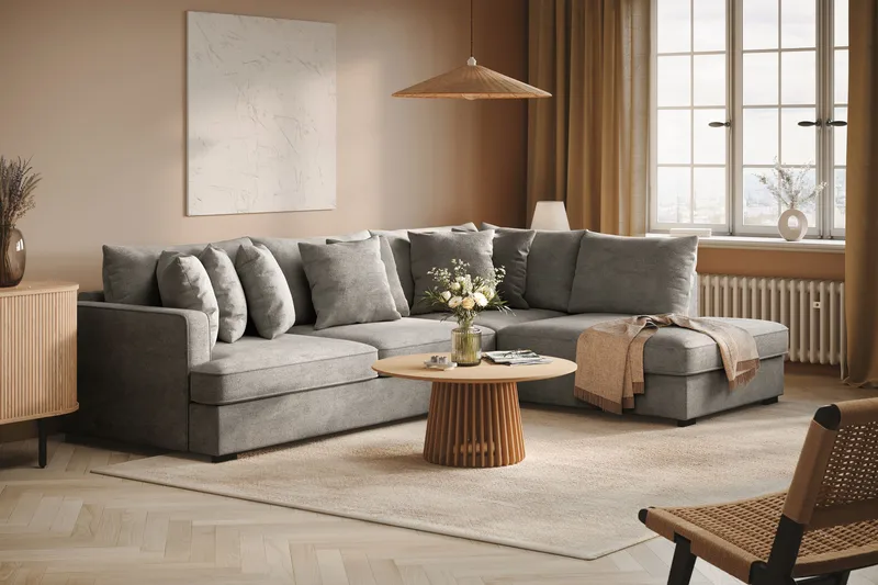 Rossita 4-seters Høyrevendt L-formet Dyp Sjeselongsofa i Chenille - Grå - Møbler - Sofaer - Sofa med sjeselong