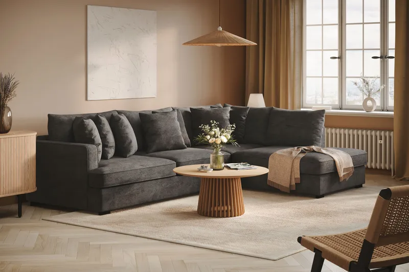 Rossita 4-seters Høyrevendt L-formet Dyp Sjeselongsofa i Chenille - Svart - Møbler - Sofaer - Sofa med sjeselong