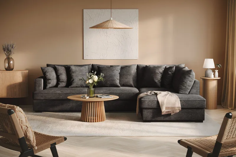 Rossita 4-seters Høyrevendt L-formet Dyp Sjeselongsofa i Chenille - Svart - Møbler - Sofaer - Sofa med sjeselong