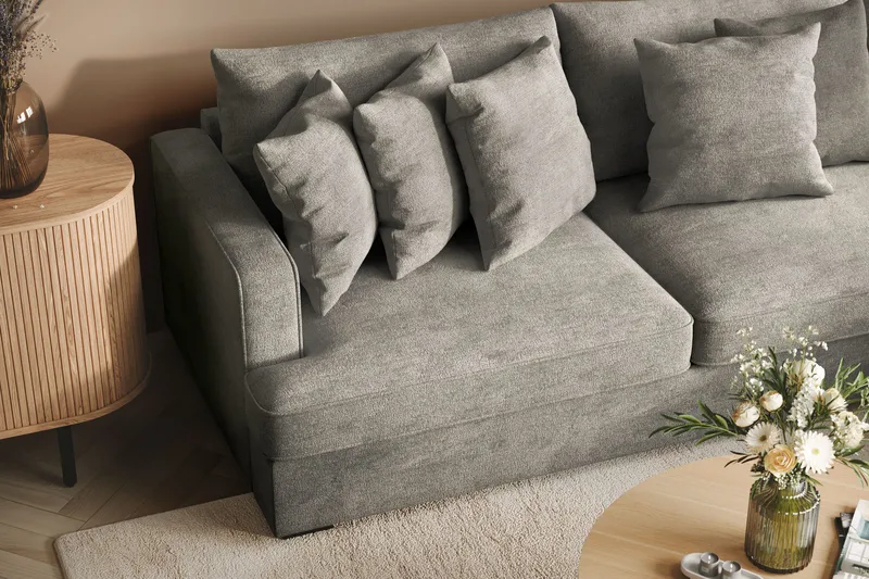 Rossita 4-seters Høyrevendt L-formet Dyp Sjeselongsofa i Chenille - Trenza 03, Grå Chenille - Møbler - Sofaer - Sofa med sjeselong