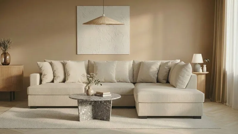 Rossita 4-seters Høyrevendt L-formet Dyp Sjeselongsofa i Kordfløyel - Beige - Møbler - Sofaer - Sofa med sjeselong