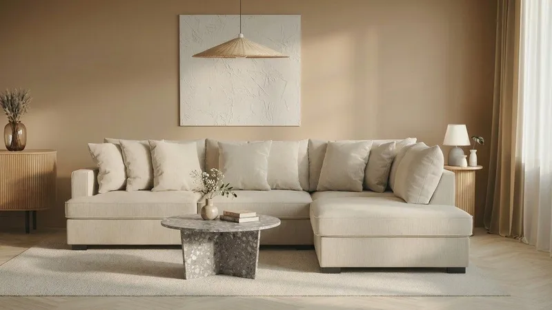 Rossita 4-seters Høyrevendt L-formet Dyp Sjeselongsofa i Stoff - Beige - Møbler - Sofaer - Sofa med sjeselong