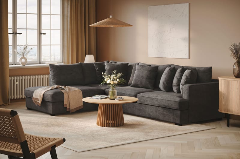 Rossita 4-seters Venstrevendt L-formet Dyp Sjeselongsofa i Chenille - Trenza 01, Svart Chenille - Møbler - Sofaer - Sofa med sjeselong