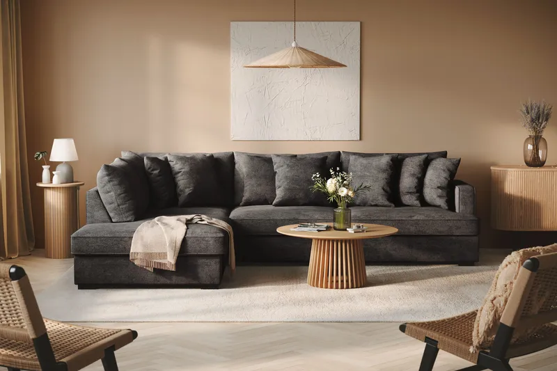 Rossita 4-seters Venstrevendt L-formet Dyp Sjeselongsofa i Chenille - Trenza 01, Svart Chenille - Møbler - Sofaer - Sofa med sjeselong