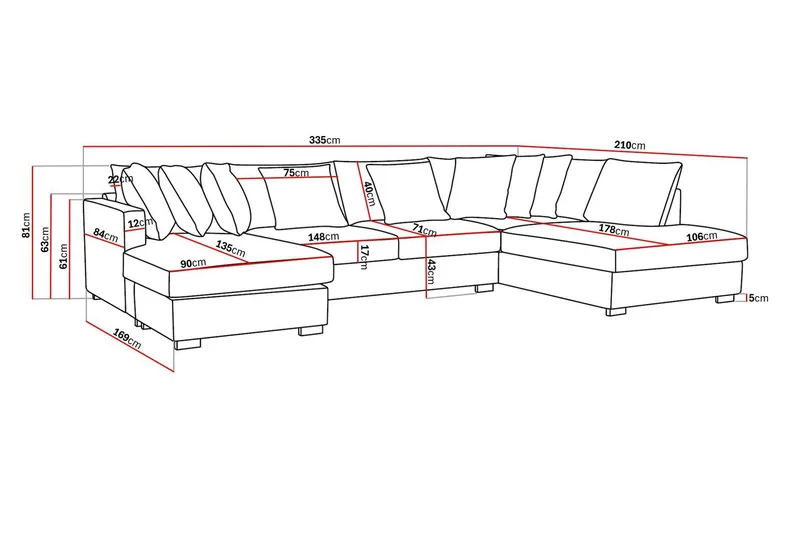 Rossita 5-seters Høyrevendt U-formet Dyp Sofa med Divan og Sjeselong i Chenille - Svart - Møbler - Sofaer - U-sofa