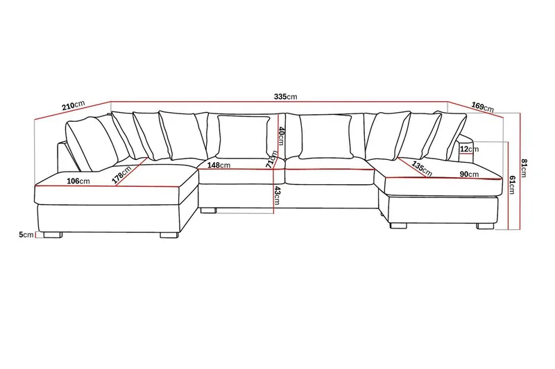 Rossita 5-seters Venstrevendt U-formet Dyp Sofa med Divan og Sjeselong i Chenille - Grå - Møbler - Sofaer - U-sofa