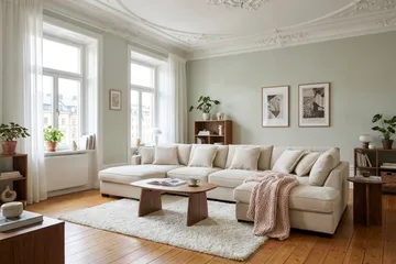 Rossita Lyx 5-seters høyrevendt U-formet ekstra dyp sofa med divan og sjeselong i chenille - Trenza 06, Beige Chenille - Møbler - Sofaer - U-sofa