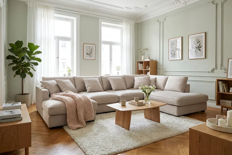 Rossita Lyx 5-seters høyrevendt U-formet ekstra dyp sofa med divan og sjeselong i fløyel - Beige - Møbler - Sofaer - U-sofa