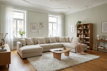 Rossita Lyx 5-seters høyrevendt U-formet ekstra dyp sofa med divan og sjeselong i stoff - Beige - Møbler - Sofaer - U-sofa